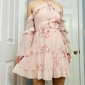 Two Sisters Dress Mini Pink Ruffle Floral Dainty Coquette Long Sleeve Small